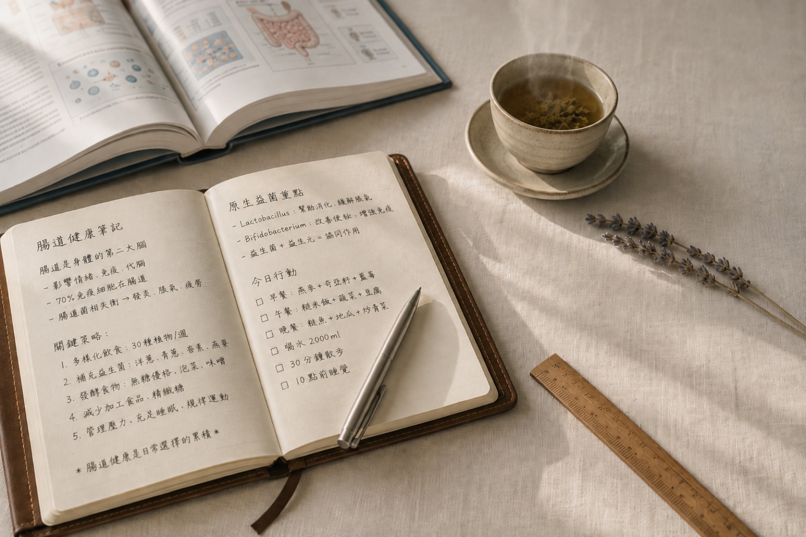 寶家學院 90 天陪跑師的桌面工作場景：翻開的腸道健康筆記與教科書、花草茶與乾燥薰衣草